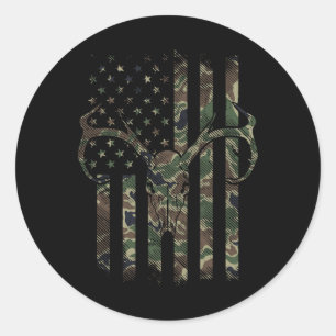 Camo American Flag Deer Skull Elk Hunting Usa Hunt Classic Round Sticker