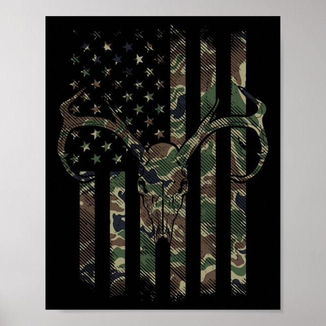 Camo American Flag Deer Skull Elk Hunting Usa Hunt Poster (Front)