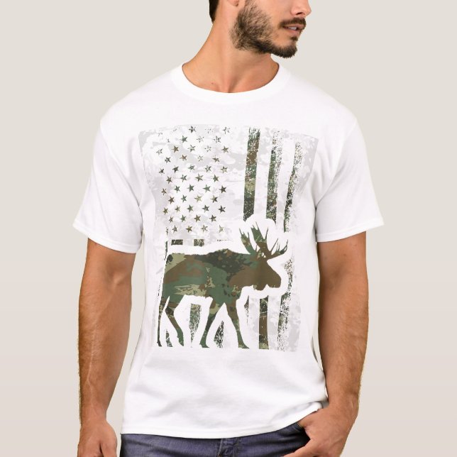 Camo American Flag Moose Hunting Gift For Hunter   T-Shirt (Front)