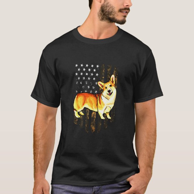 Camo American Flag Pembroke Welsh Corgi T-Shirt (Front)