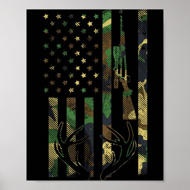 Camo American Flag Rifle Antler Deer Hunting Gun H Poster (Front)