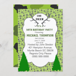 Camo and Deer Antlers 50th Birthday Party Invitation