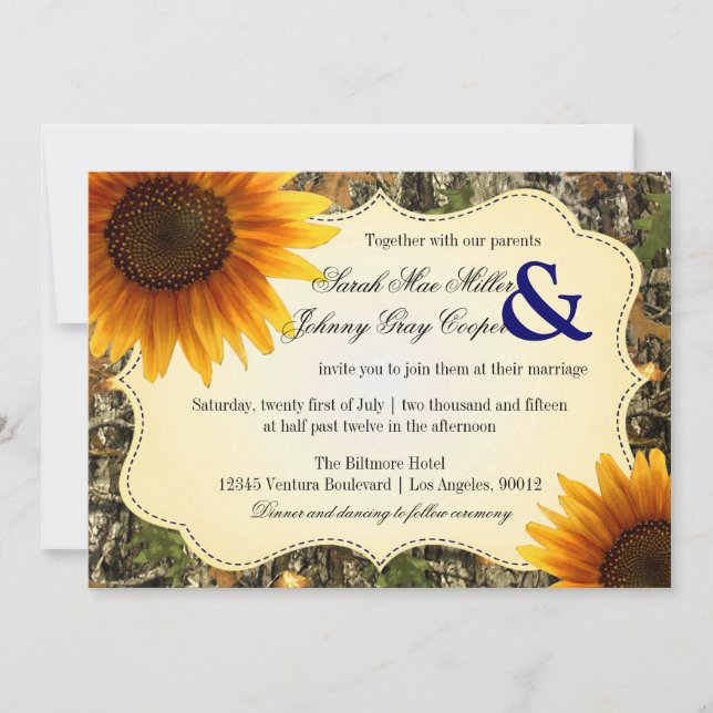 Camo and Orange Sunflower Wedding Invitation (Front)