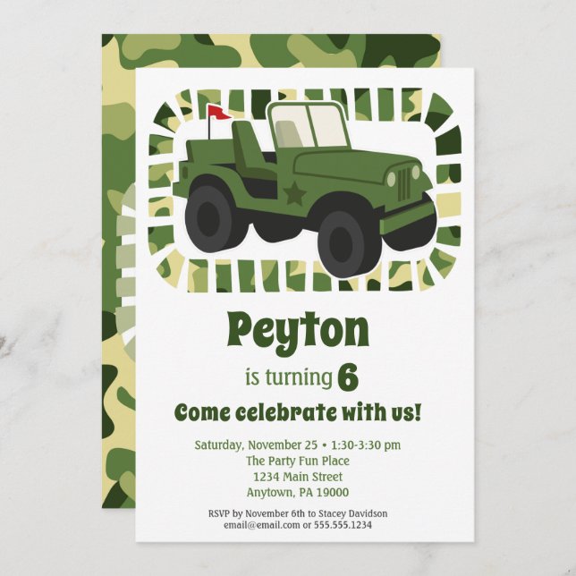 Camo Army Military Boys Birthday Party Invitation (Front/Back)