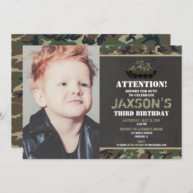 Camo Army tank Camouflage birthday photo Invitation (Front/Back)