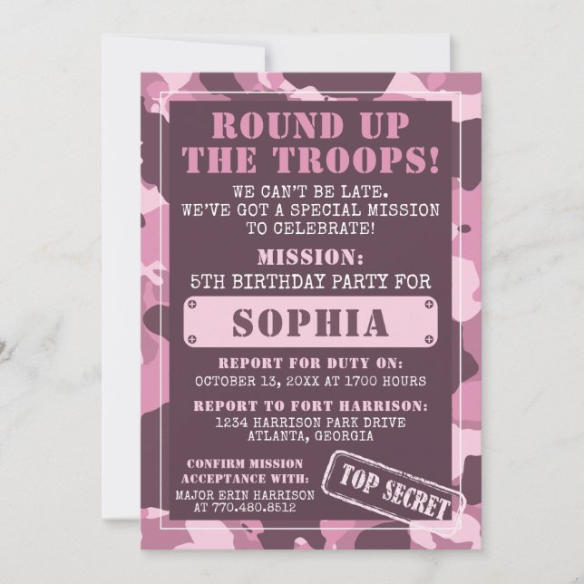 Camo Birthday Party Invitation, Army, Mission Invitation (Front)