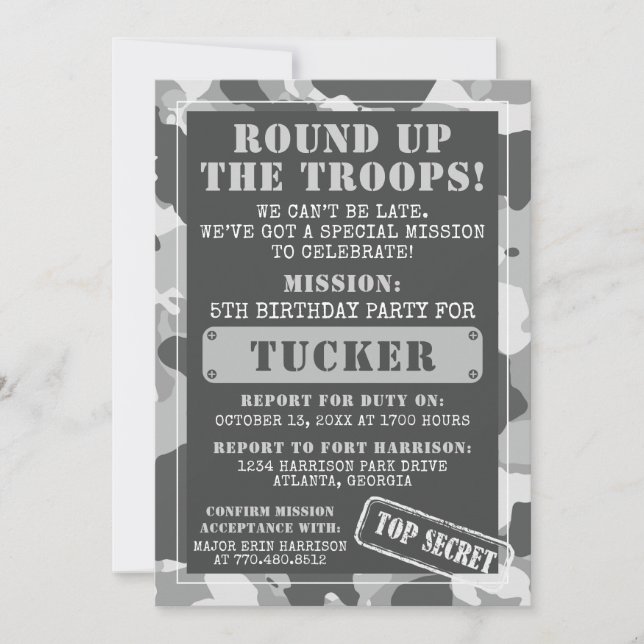 Camo Birthday Party Invitation, Army, Mission Invitation (Front)
