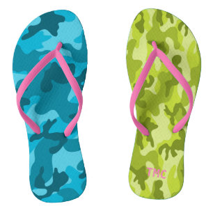 Camo Blue Green Pink Monogram INITIALS Summer Fun Flip Flops