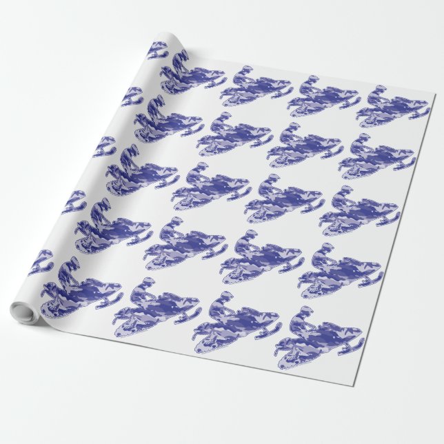 Camo Blue Snowmobiler Wrapping Paper (Unrolled)