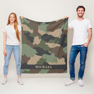 Camo Camouflage Military Khaki Green Tan Monogram Fleece Blanket