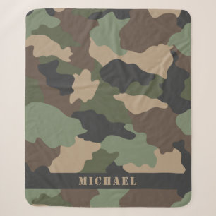 Camo Camouflage Military Khaki Green Tan Monogram Sherpa Blanket