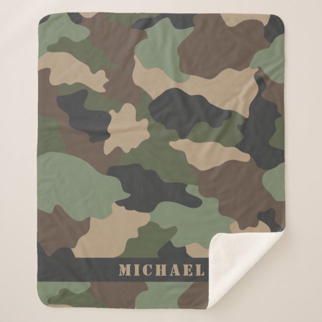 Camo Camouflage Military Khaki Green Tan Monogram Sherpa Blanket (Front)