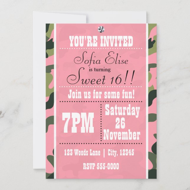 Camo Camouflage &  Pink Birthday Party Invitation (Front)