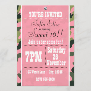 Camo Camouflage &  Pink Birthday Party Invitation