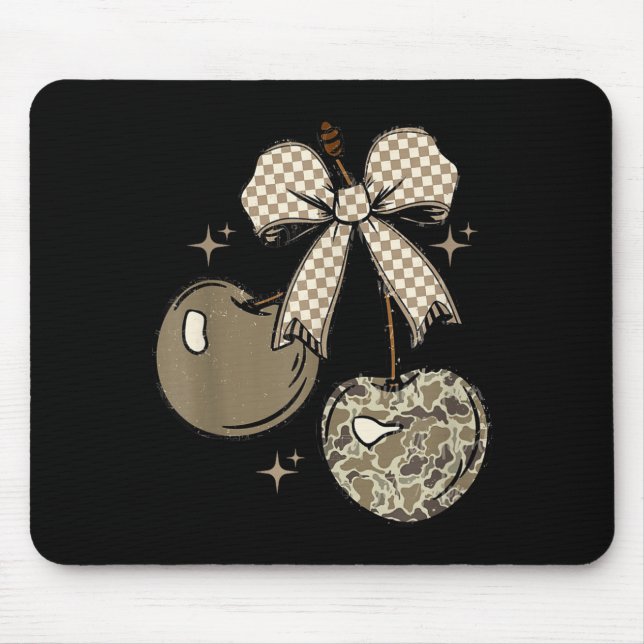 Camo Checkered Cherry Bow, Hunting,checkered Patte Mouse Mat (Front)