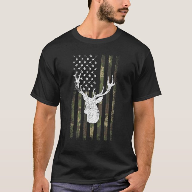 Camo Deer American Flag Graphic Hunting Gifts Men  T-Shirt (Front)