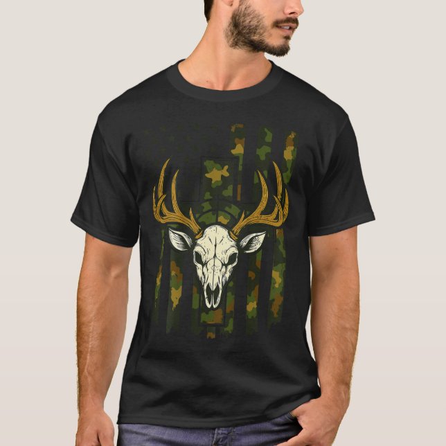 Camo Deer Hunting Elk Skull American Flag Youth Bo T-Shirt (Front)