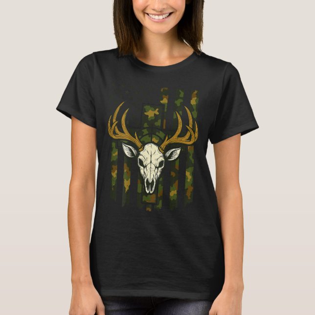 Camo Deer Hunting Elk Skull American Flag Youth Bo T-Shirt (Front)