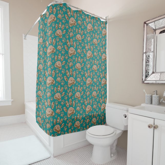 Camo Dog Paw Print Pattern On Teal Shower Curtain (In Situ)