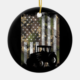 Camo Flag Tractor Vintage Farm Truck Patriotic Far Ceramic Tree Decoration