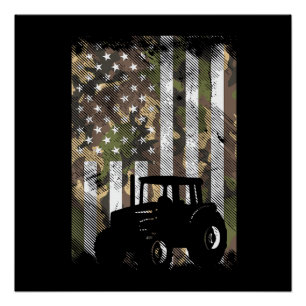 Camo Flag Tractor Vintage Farm Truck Patriotic Far Poster