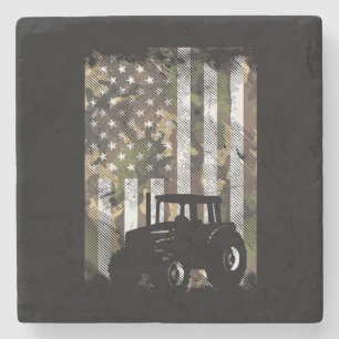Camo Flag Tractor Vintage Farm Truck Patriotic Far Stone Coaster