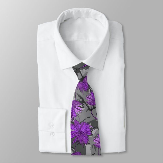 Camo Flowers Floral Grey Two-sided Printed Tie (Tied)