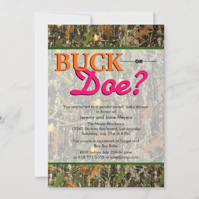 Camo Gender Reveal Invitations - Buck or Doe (Front)