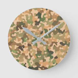 Camo - Green Orange Brown Black Round Clock