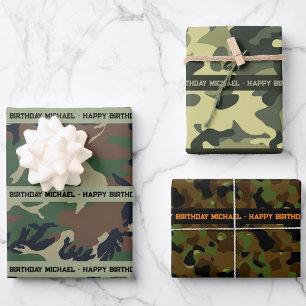 Camo Happy Birthday Personalize Name & Text 3 Wrapping Paper Sheet