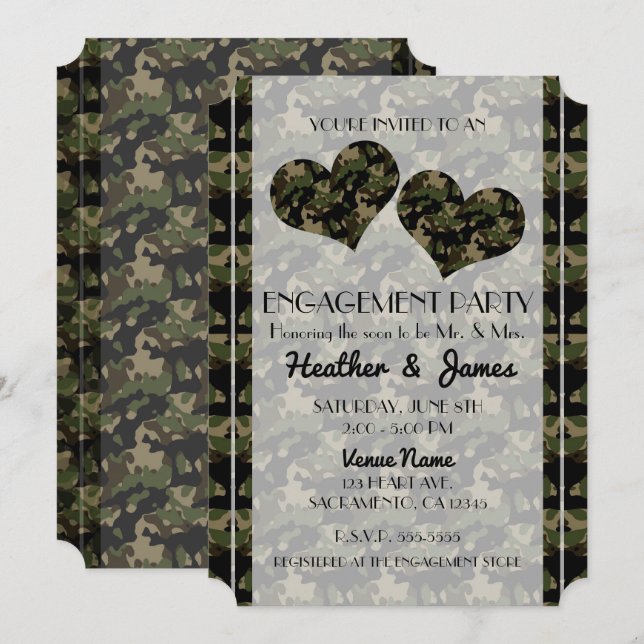 Camo Hearts Camouflage Engagement Shower Party Invitation (Front/Back)