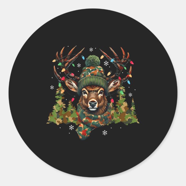 Camo Hunting Reindeer Deer Xmas Lights Christmas H Classic Round Sticker (Front)