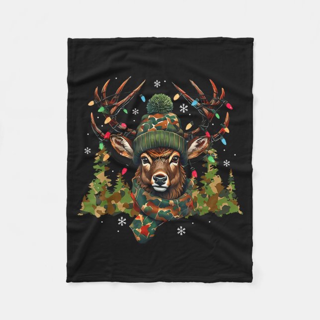 Camo Hunting Reindeer Deer Xmas Lights Christmas H Fleece Blanket (Front)