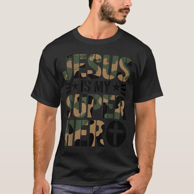 Camo Jesus Is My Superhero Toddler Boys Camouflage T-Shirt (Front)