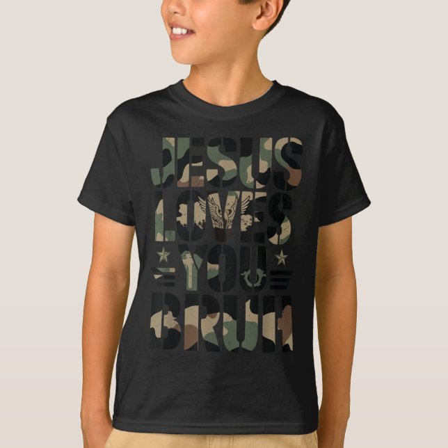 Camo Jesus Loves You Bruh Camouflage Christian Tee (Front)