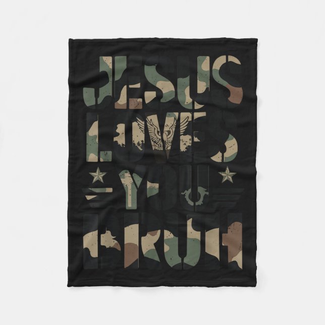 Camo Jesus Loves You Bruh Camouflage Christian Tee Fleece Blanket (Front)