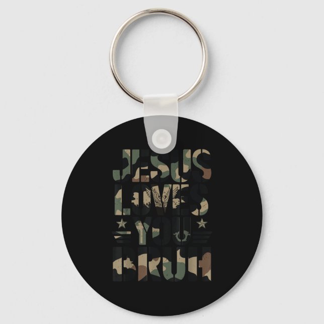 Camo Jesus Loves You Bruh Camouflage Christian Tee Key Ring (Front)