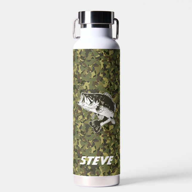 Camo Largemouth Bass Fishing Name Sports Water Bottle (Front)
