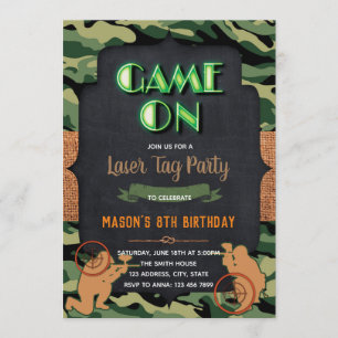 Camo Laser Tag birthday party invitation