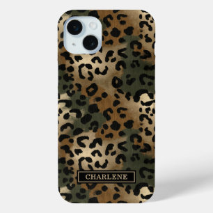 Camo Leopard Print Monogrammed iPhone 15 Mini Case