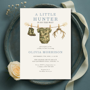 Camo Little Hunter Clothesline Boy Baby Shower Invitation