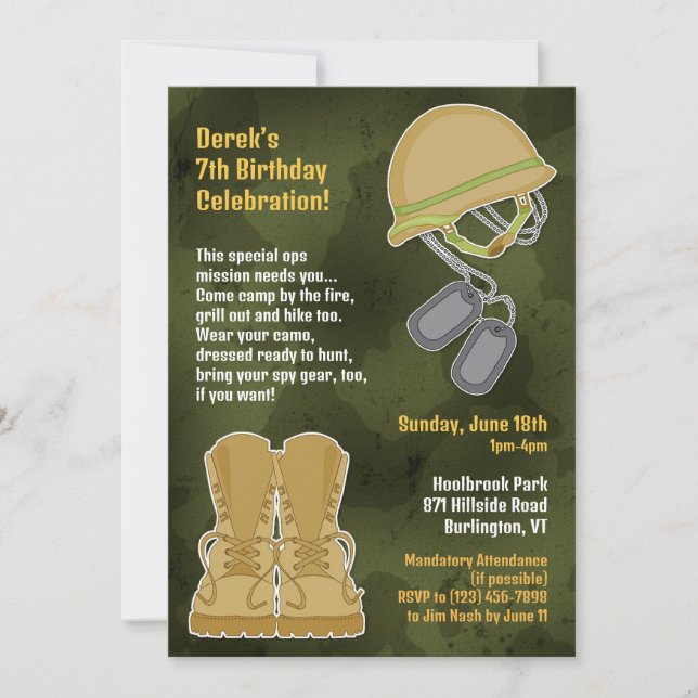 Camo Military Birthday Flat Invitation (Front)