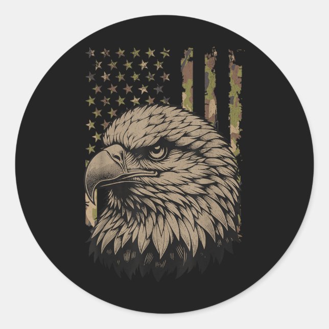 Camo Patriotic Bald Eagle Grunge American Flag Tac Classic Round Sticker (Front)