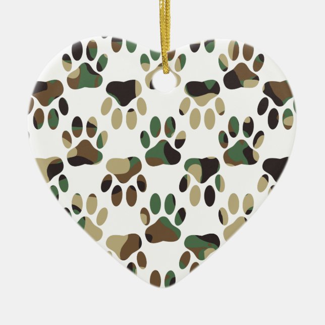 Camo Pattern Dog Paw Print Ceramic Tree Decoration (Front)