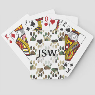 Camo Pattern Dog Paw Print Custom Initials Playing Cards