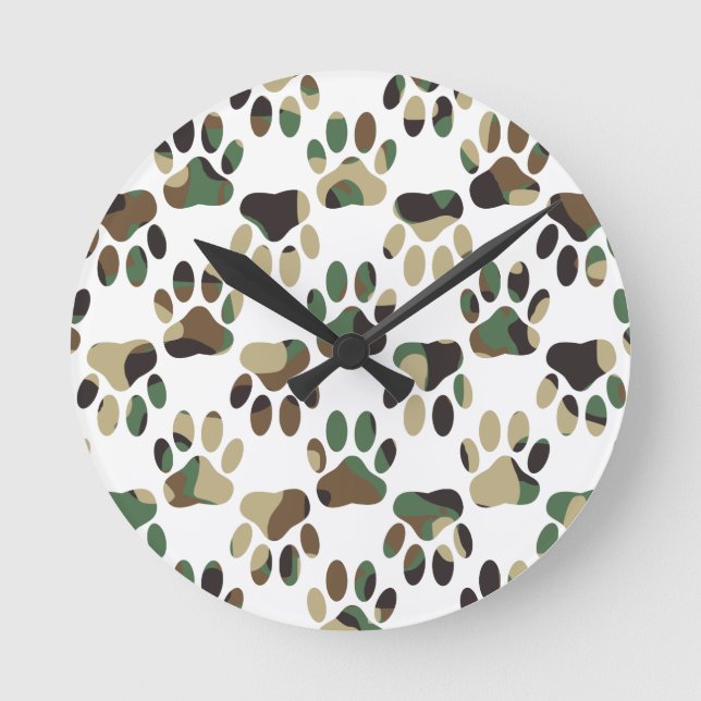 Camo Pattern Dog Paw Print Round Clock (Front)