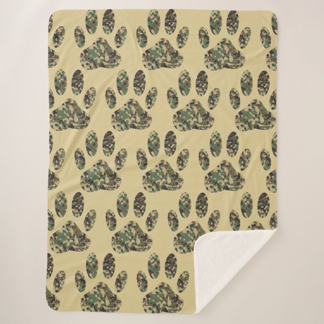 Camo Pattern Dog Paw Print Sherpa Blanket (Front)