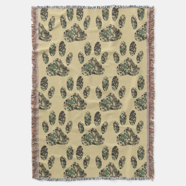 Camo Pattern Dog Paw Print Throw Blanket (Front Vertical)