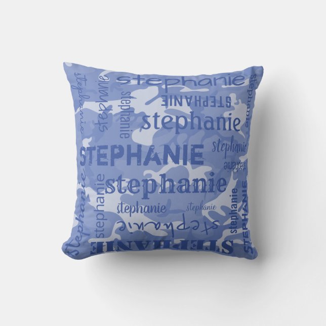 Camo Personalised Longer Name Blue Cushion (Front)