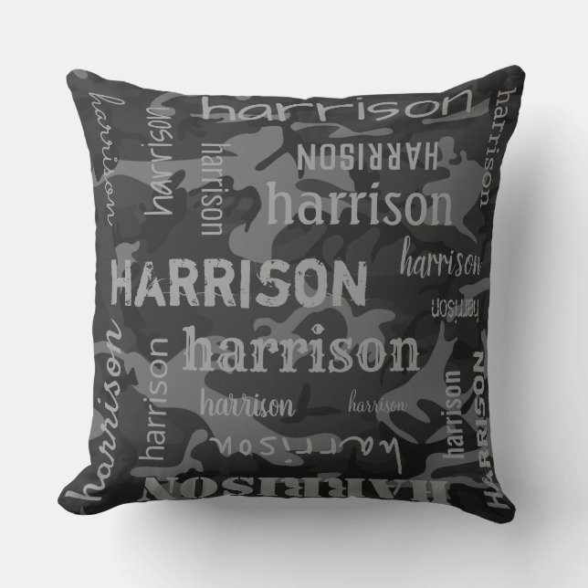 Camo Personalised Longer Name Charcoal Grey Cushion (Front)